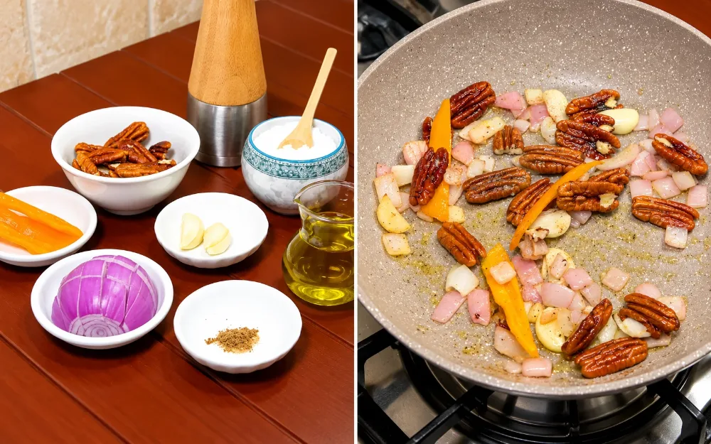 Step 2: Toasting Pecans with Red Onion & Garlic